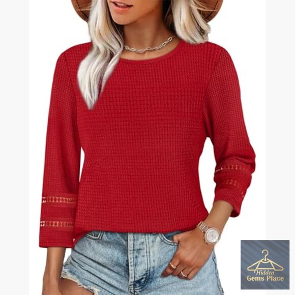 Plus Size Lace Crochet Blouse 3/4 Sleeve Waffle Knit Dressy Casual Top - Picture 2 of 7